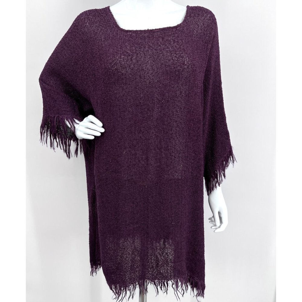Novenka Moroccan Woven Fringe Tunic‎ Top Eggplant Purple Rayon Cotton Linen